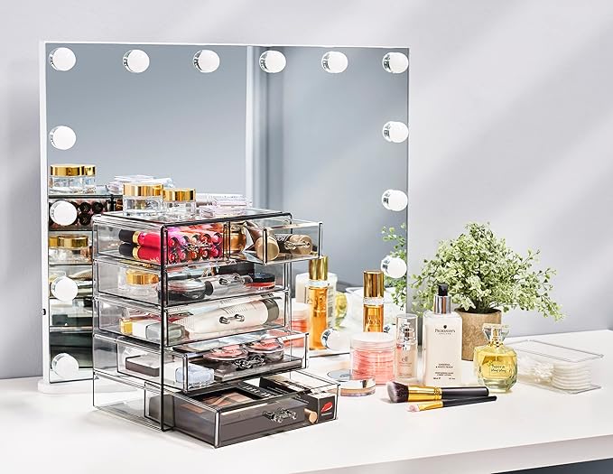 Sorbus Acrylic Makeup Organizer Set, 6-Drawer Vanity & Countertop Cosmetic Storage with Small & Wide Drawers, Black Jewel Makeup Storage for Brushes, Lipsticks, Jewelry, Holiday Gift for Women & Teens