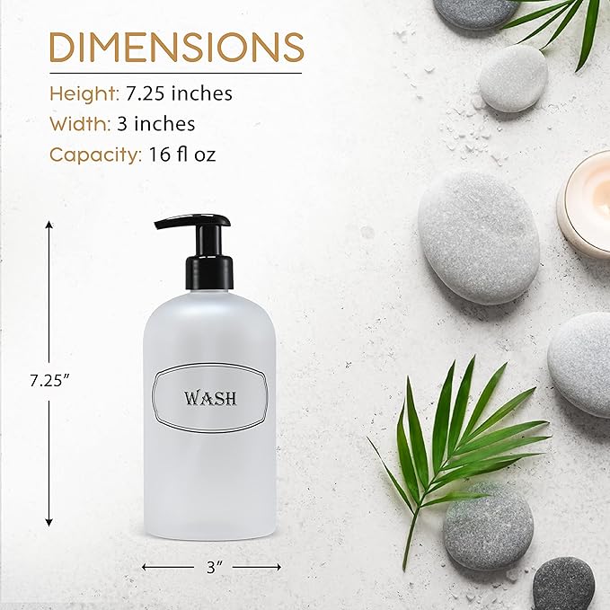16 oz Shampoo, Conditioner, Wash Refillable Empty Plastic Pump Bottle Dispenser Set (Frosted Clear)