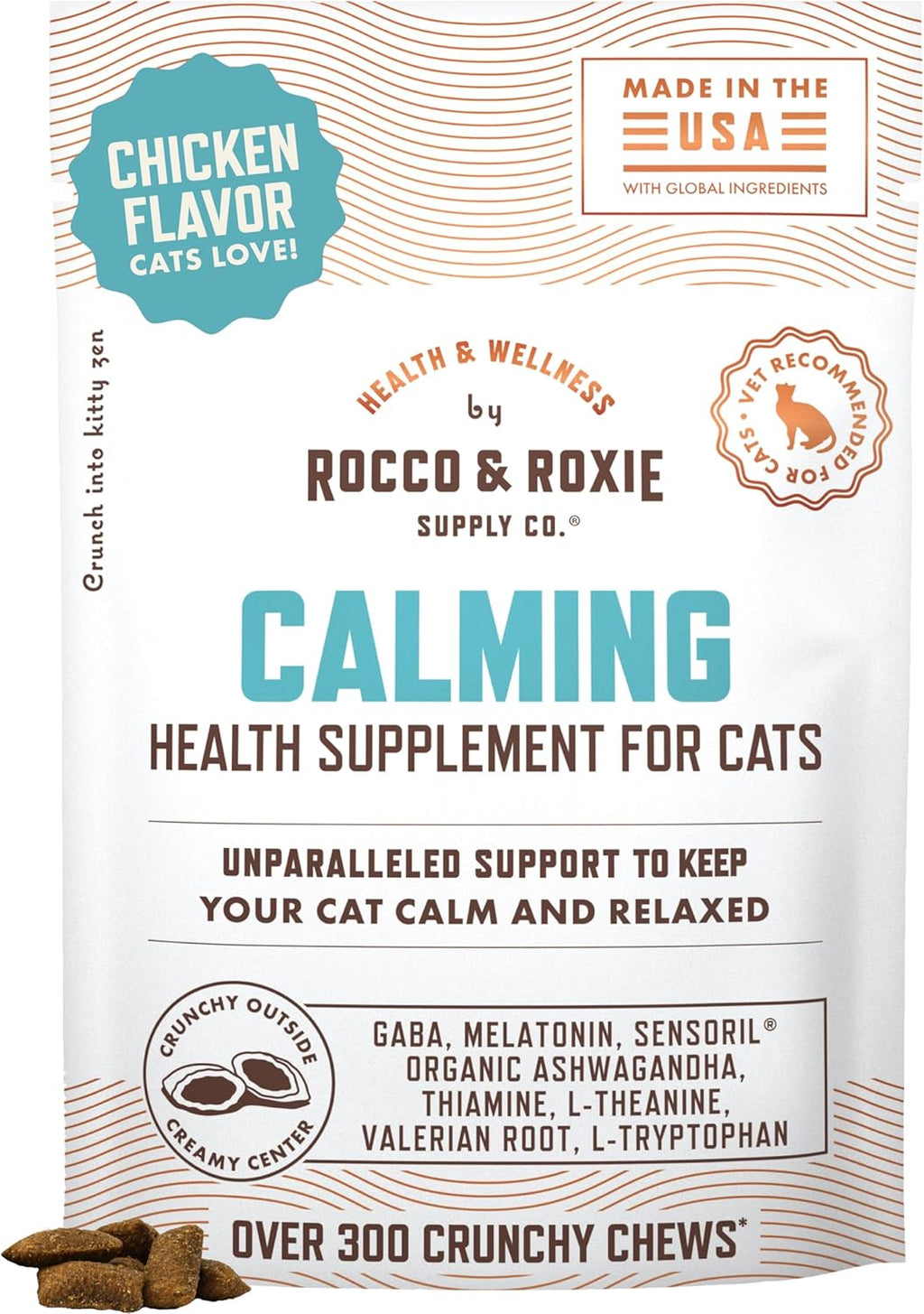Rocco & Roxie Cat Calming Treats with Melatonin for Cats, Stress and Anxiety Relief, Keep Calm for Grooming, Travel, or Vet Visits, Aid Sleep with Organic Ashwagandha and GABA, Chicken Flavored Chews