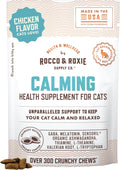 Rocco & Roxie Cat Calming Treats with Melatonin for Cats, Stress and Anxiety Relief, Keep Calm for Grooming, Travel, or Vet Visits, Aid Sleep with Organic Ashwagandha and GABA, Chicken Flavored Chews