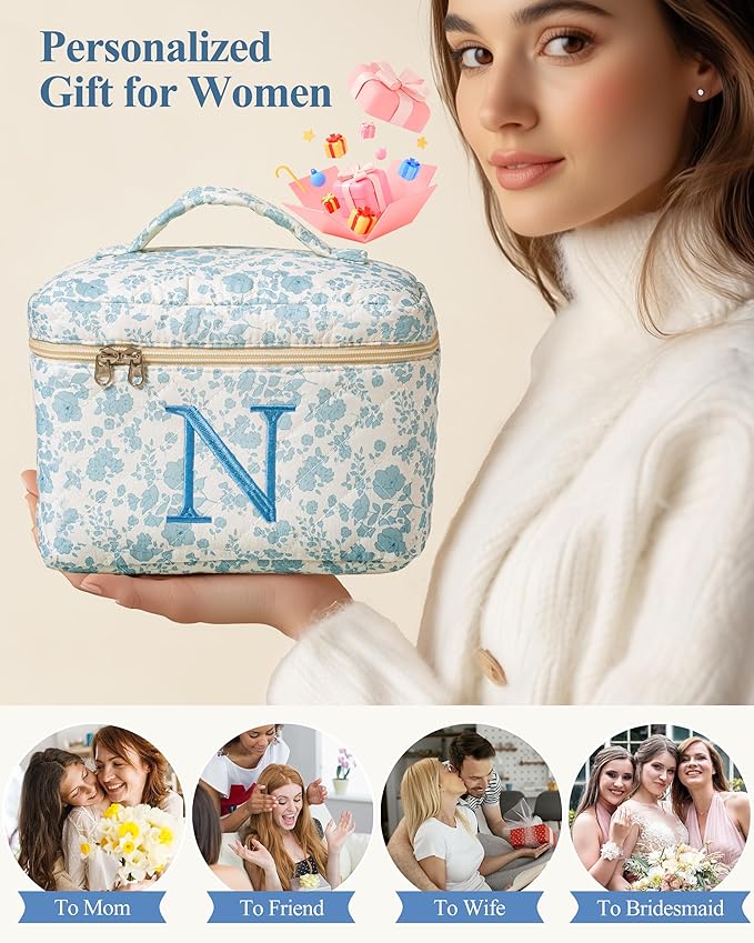 HBselect Initial Quilted Makeup Bag, Cotton Large Travel Makeup Bag, Cute Floral Coquette Make up Bag Cosmetic Bag Toiletry Bag for Women Girls N