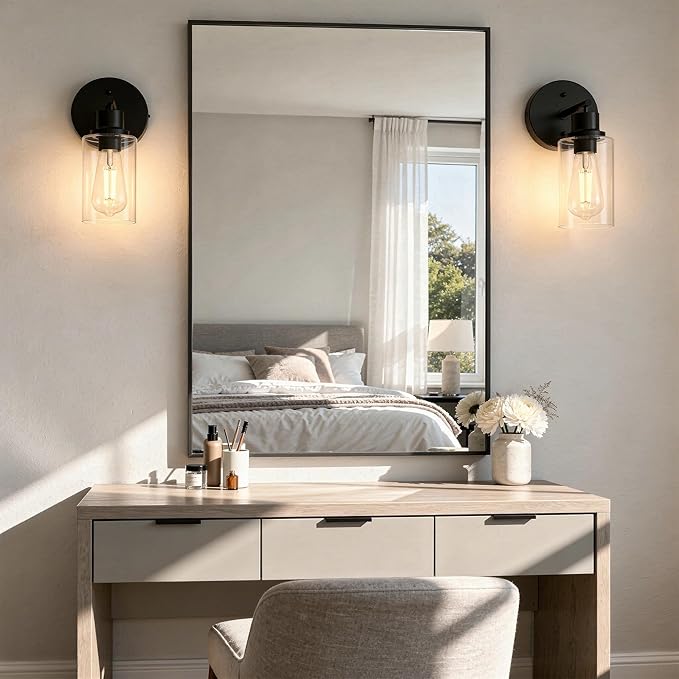 2-Pack Black Bathroom Wall Sconces, Modern Vanity Light Fixtures with Clear Glass Shade, 1-Light Wall Lamps Over Mirror for Bathroom, Bedroom, Hallway, Living Room