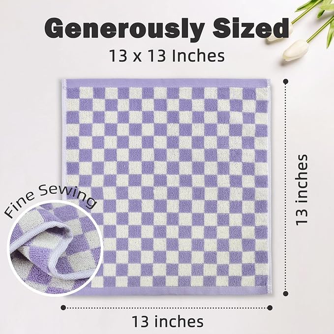 Jacquotha Cotton Washcloth 12 Pack (Lilac Checkered), Soft Absorbent Washcloths Facecloth, Cotton Face Towels Set for Body Showering 13x13 Inches, Gifts