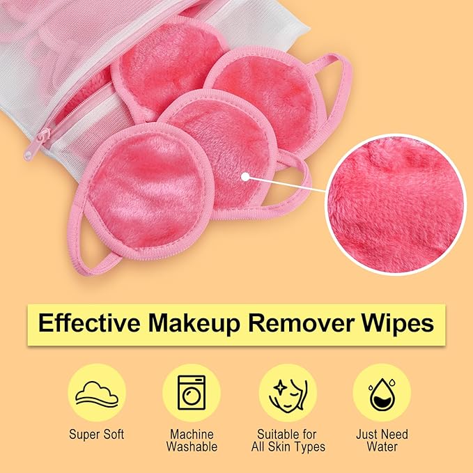 Nugilla 18 Packs Reusable Makeup Remover Pads with a Washable Laundry Bag, Resuable Microfiber Round Towel Skin Face Towels, Soft Makeup Remover Cloth, Fast Drying Washcloth (Pink)