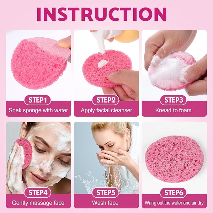 320-Count Compressed Facial Sponges, Natural Cellulose Face Sponge for Cleansing, Cosmetic Spa Sponges for Washing face, Exfoliating, Makeup Removal, Skin Massage (Pink)