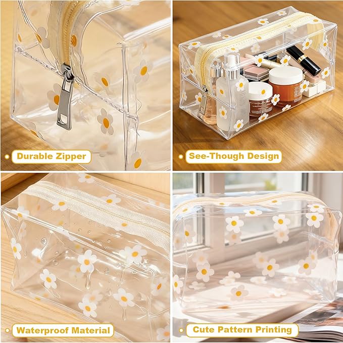 Clear Makeup Bag, Small Clear Toiletry Bag for Travel, Cosmetic Makeup Organizer Bags with Zipper, Plastic PVC Pouch Transparent Zip for Purse Reusable TSA Approved Quart Size (White Flowers)
