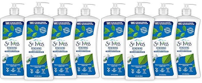 St. Ives Renewing Hand & Body Lotion for Women with Pump, Daily Moisturizer Collagen Elastin for Dry Skin, Made with 100% Natural Moisturizers, 21 fl oz, 4 Count (Pack of 2)