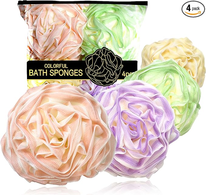 Loofah Sponge 70g, 6.3 Inch Large Exfoliating Bath Sponge, Soft Durable PE Mesh with Reinforced Knotting, Rich Lather Bath Scrubber for Body, for Travel or as a Holiday Gift (4Pack, Green-Beige)