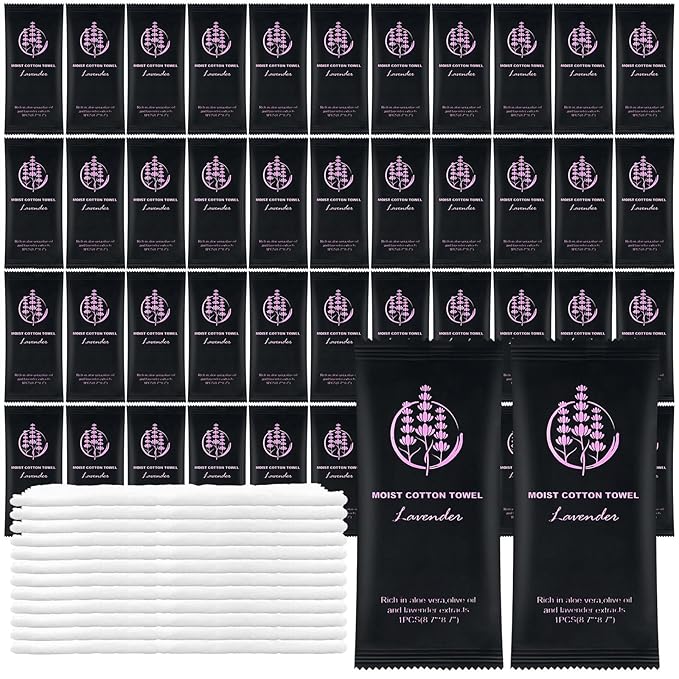 Moist Cotton Towel Bulk Moist Towelettes Individually Wrapped,White Towel Services,Refreshment Pre Moistened Towels for Dentist Travel Sport Party Hotel （Lavender,100)