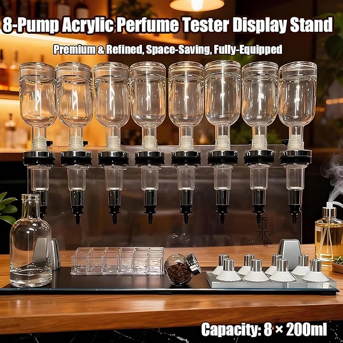 Professional Manual Perfume Dispenser, Liquid Filling Machine Transfer Tools,Manual Dispenser Set, Adjustable Pump Heads & Testing Cups for Shops & Lab & Bars(8 Heads)