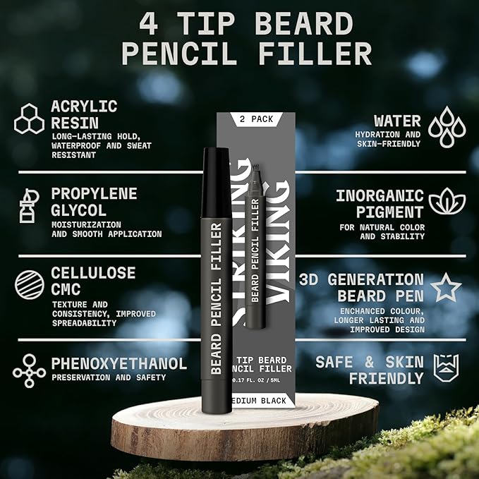 Striking Viking Beard Filler Pencil - Pack of 2, Medium Black, 4-Tip - Gap Contouring with Beard Shaper - Sweatproof Waterproof Touch-Ups with Barber Brush - Comb for Men & Mustache Brush Kit