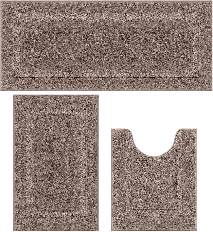 SHACOS Brown Bathroom Rugs Sets 3 Piece, 20"x32" + 20"x47" Non Slip Bath Mat 20"x24" U Shaped Toilet Rugs Washable, Soft Fluffy Water Absorbent Bathroom Floor Mat Rug