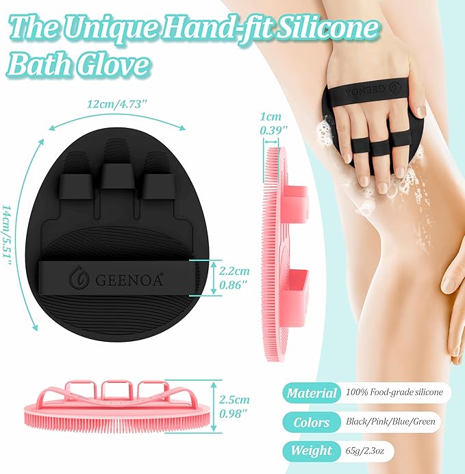 Upgrade Silicone Bath Glove 2PCS, 360° Anti-Slip & Enlarged Silicone Body Scrubber for Rich Foam Deep Cleaning, Revolutionary No-Grip & Hand-fit Shower Scrubber for All Skin Types(Black+Pink)