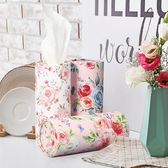 Ctosree 8 Pcs Car Tissue Holder Cylinder Bulk Round Floral Cup Holder Facial Tissues for Travel Refill Car Napkin Box Round Container