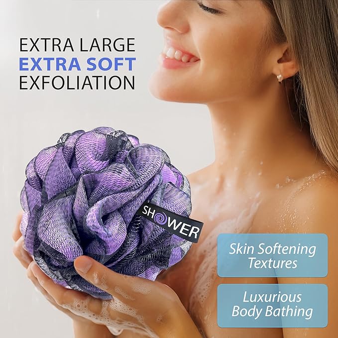 SHOWER BOUQUET Loofah-Charcoal Bath-Sponge XL-Color-4-Pack // Extra Large 75g Soft Mesh Black Luffa Loofa Loufa Puff Set/Exfoliating Body Scrubber for Women and Men - Exfoliate & Soothe Face & Body
