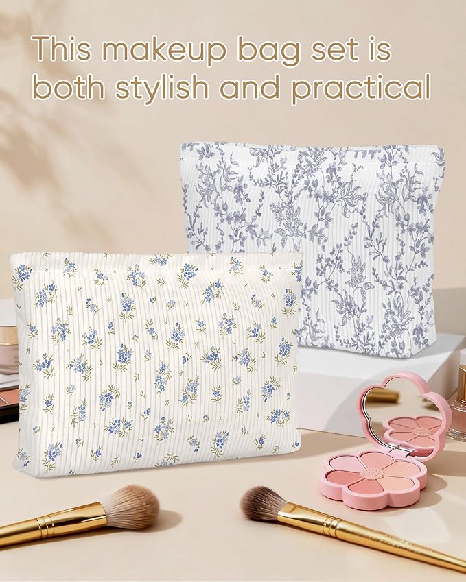 Cute Floral Makeup Pouch for Women Small Make Up Bag for Purse Zipper Initial Makeup Cosmetic Bags Pouches for Purse Aesthetic Travel Toiletry Bags,Cute Blue Floral