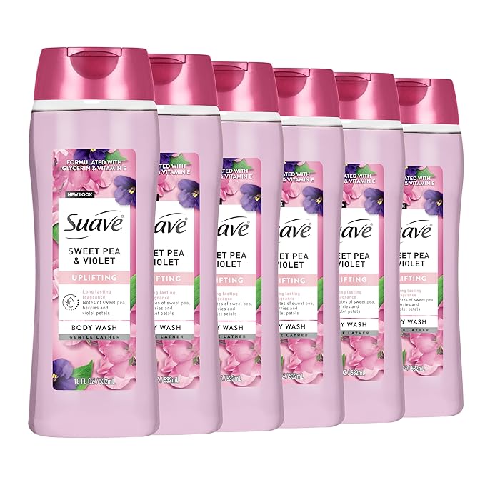 Suave Moisturizing Body Wash, with Sweet Pea Violet and Vitamin E Extract, No Parabens, No Phtahaltes, 18 Oz Pack of 6