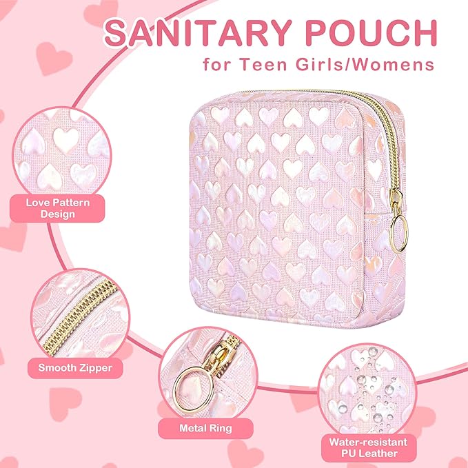 Period Bag Pouch, Leather Sanitary Napkin Storage Bag for Girls Womens, Portable Sanitary Napkin Period Pad Pouch Bag for Purse (Pink-3D Love)