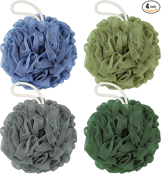 Shower Loofah Bath Sponge, 60G Loofah Exfoliating Body Scrubber, 4 Color Mesh Shower Pouf Balls for Body Wash (Blue Gray Green Dark Green)