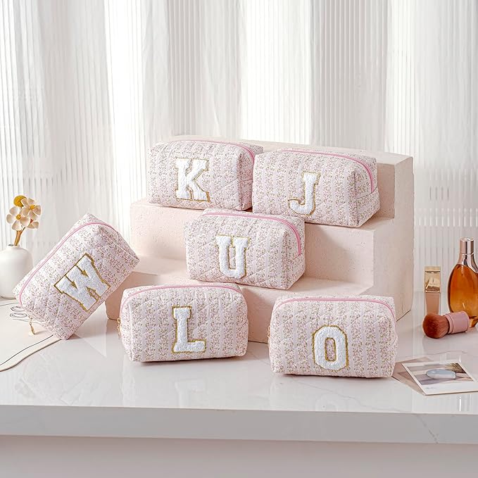 JOVAKIT Alphabet Makeup Bag Cosmetic Bag for Women, Christmas Gifts for Girls Age 6-18, Floral Flowers Coquette Travel Toiletry Zipper Make Up Pouch Organizer Trendy Stuff (Pink Floral L)