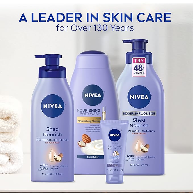 NIVEA Shea Nourish Body Lotion for Dry Skin with Hyaluronic Acid, Shea Butter and Deep Nourishing Serum, 48-Hour Body Moisturizer, 16.9 Fl Oz Pump Bottle (Pack of 2)