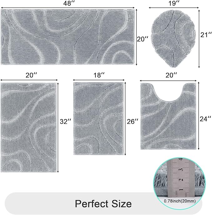 HEBE Bathroom Rugs Sets 5 Piece, Soft Absorbent Microfiber Bath Mat for Bathroom, Non Slip Washable Bath Rug Set with Toilet Cover, Bath Runner and U-Shaped Contour Toilet Rug, Light Grey