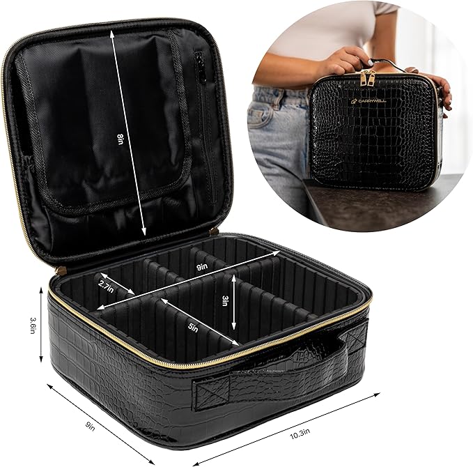 Carrywell Makeup Bag Travel Case, Not-Made In China, Hard Train Case for Cosmetics, Portable Beauty Artists Organizer, Storage Box With Adjustable Dividers For Make Up and Brushes, Small Crocodile