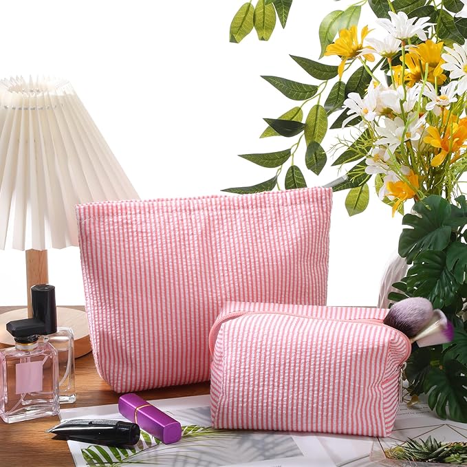 2 Pcs Makeup Bag Set Cute Cosmetic Pouch for Women Seersucker Travel Toiletry Bag Preppy Small Makeup Purse Pouch Aesthetic Skincare Brushes Storage Organizer for Valentine Women(Rose Pink)