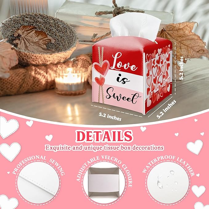 Happy Valentine's Day Red Heart Design Tissue Box Cover - Love Is Sweet PU Leather Waterproof Tissue Holder - Festival Facial Paper Organizer for Home Bathroom Office-Desk Decorative Dispenser Box-B09