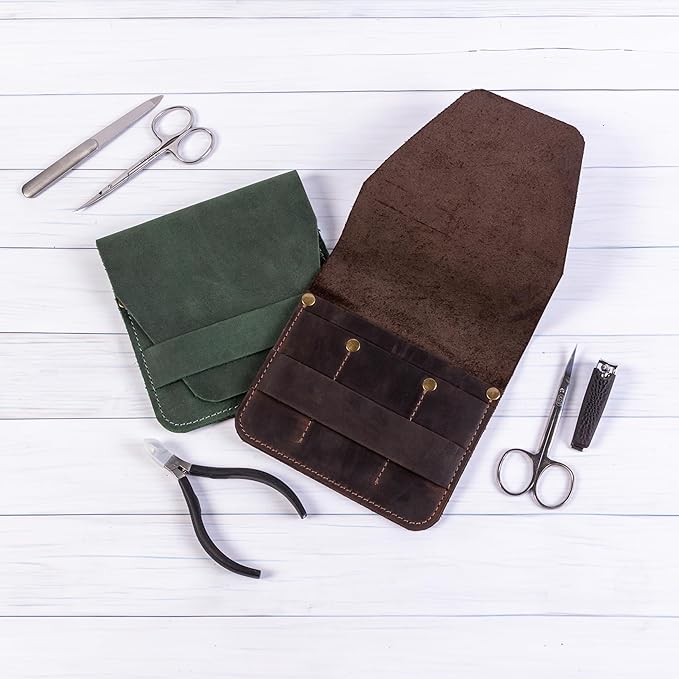 Leather Manicure Set Case Grooming Kit Organizer (Dark Brown)