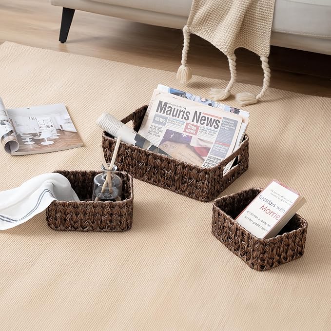 GRANNY SAYS Wicker Baskets for Organizing, Nesting Storage Baskets for Shelves, 1 Large and 2 Small Wicker Baskets Waterproof, Dark Brown, 3-Pack
