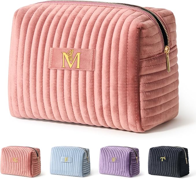 COSHAYSOO Personalized 16th 18th 21st Birthday Valentines Gifts for Women Teens Travel Makeup Bag Make Up Cosmetic Pouch 16 17 18 19 20 21 Year Old Girl College Dorm Essentials Pink Initial Letter M