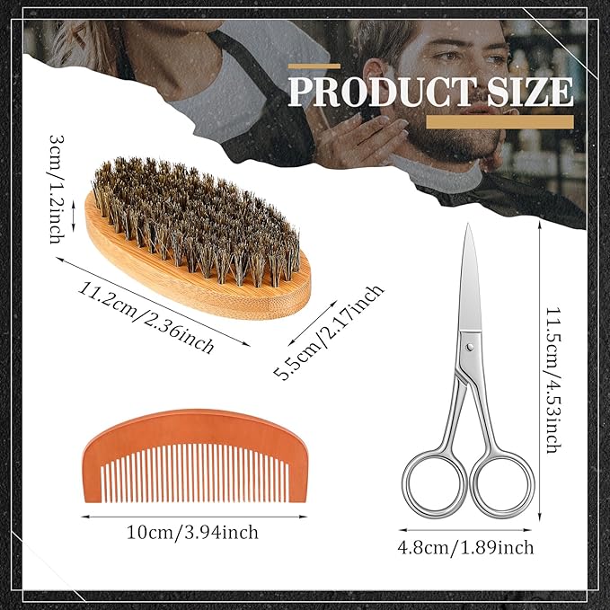 Maitys 10 Sets Beard Brush and Comb Set Bulk Boar Bristle Beard Brush Comb Scissors Kit Gifts for Men Father Colleague Employee Appreciation(Oval)