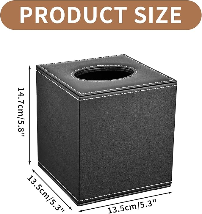 Tissue Box Cover, PU Leather Tissue Box Holder Square Box Covers for Home/Office/Car Decoration 5.3"X5.3"X5.8" - Black