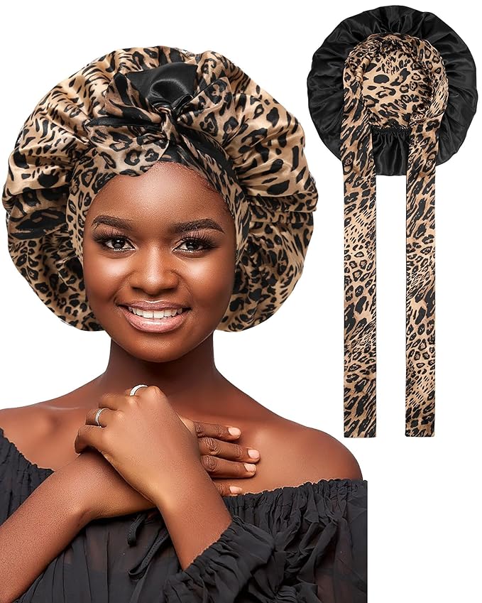 Satin Bonnet Silk Hair Wrap for Sleeping - Reversible Night Cap with Tie Band (Leopard + Black)