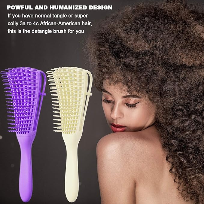 2 Pieces Detangling Brush for Afro America/African Hair Textured 3a to 4c Kinky Wavy/Curly/Coily/Wet/Dry/Oil/Thick/Long Hair, Knots Detangler Easy to Clean (Beige, Purple)