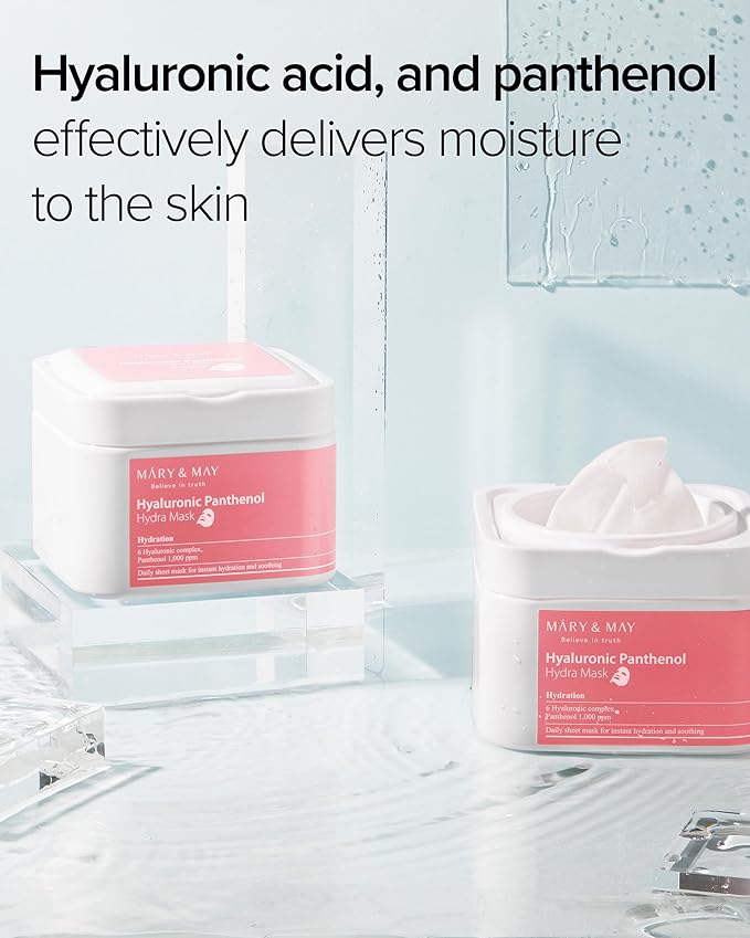 Mary&May Hyaluronic Panthenol Hydra Mask (30 Sheets) – Daily Pull-Out Box with 6 Types HA, Hydrating & Soothing Korean Sheet Mask for Dry Dehydrated Skin, Glass Skin Prep