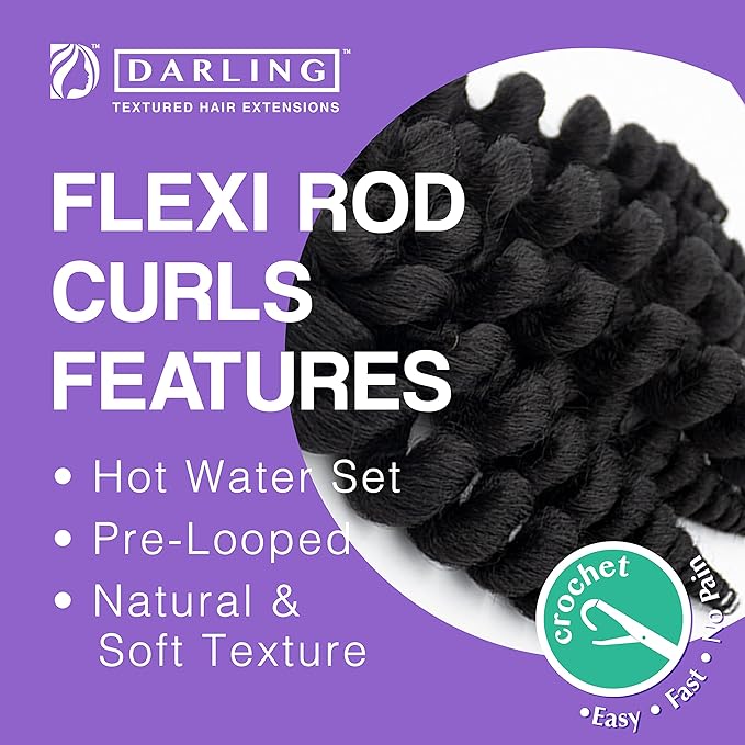 Darling Flexi Rod Curls 2X Crochet Hair Extensions, (1 pack of 2x per pack), Natural & Soft Texture, Fluffy Wand Curl, 14 Inch, #1B