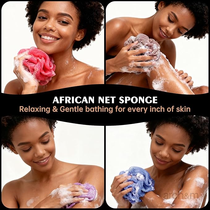 ARCH&M African Net Sponge Authentic - Extra-Long 53" Back Scrubber Quick-Dry Exfoliating Shower Loofah for Women and Men Daily Use Soft Mesh for Sensitive Skin Travel-Friendly Bath Accessories Gift