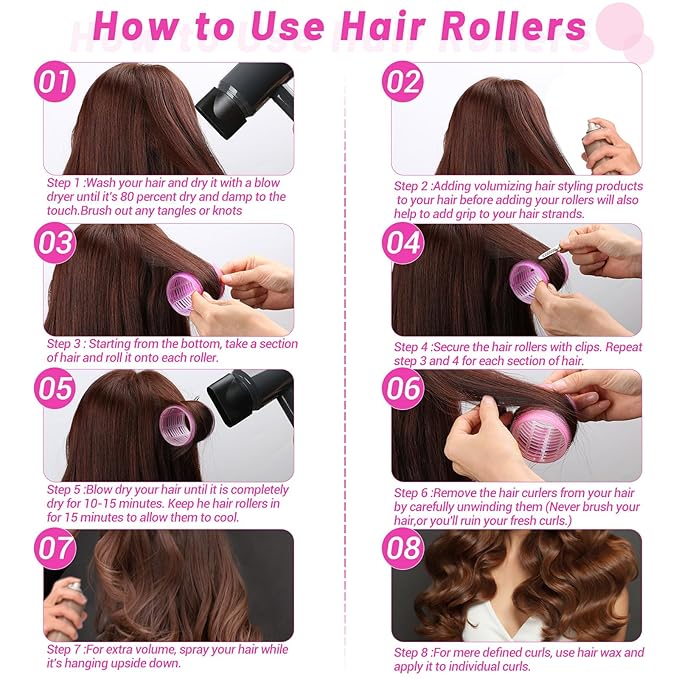 Jumbo Hair Curlers Rollers, 12Pcs 60mm Jumbo Hair Roller Curlers Self Grip Holding Rollers with 12Pcs Hair Clips for Long Straight Thick Hair (Rose Red)