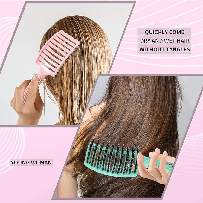 2 Pack Detangling Brush Getting Knots Out without Pain Adds Shine and Makes Hair Smooth,Detangler Boar Bristle Hair Brush for Adult & Kids Wet or Dry Hair(Light Green&Pink)…