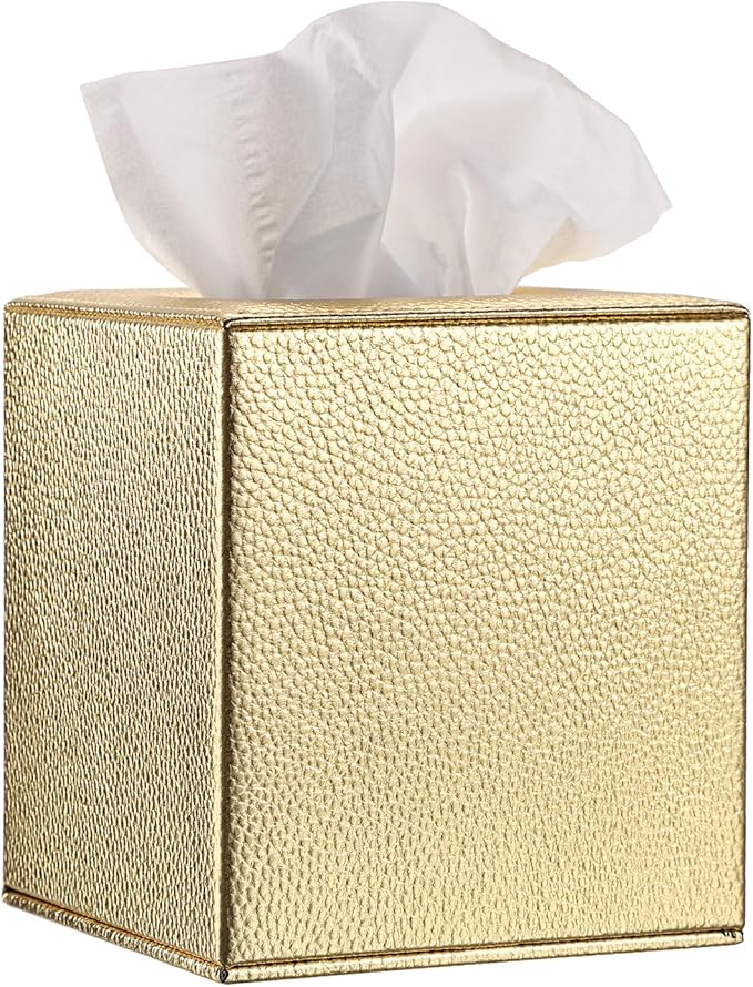 Sumnacon Tissue Box Cover Square Tissue Box Stylish PU Tissue Box Holder with Magnetic Bottom, Leather Cube Tissue Cover for Living Room Bathroom Bedroom Table Desk Home Office Car, Gold