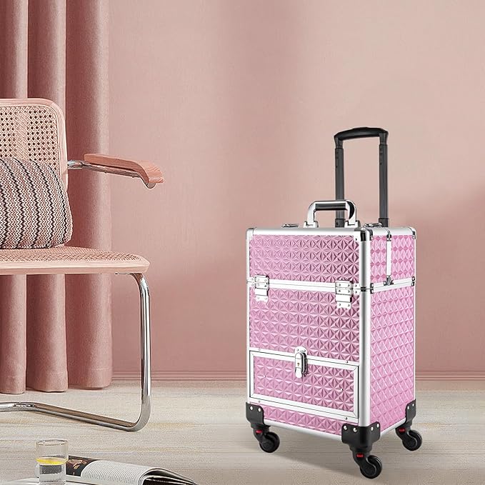 3in1 Rolling Makeup Train Case,Aluminum Trolley Case with 360° Rotation Wheels for Professional Salon Barber Traveling Cart Trunk Cosmetic Beauty Storage (Pink 18.5in)