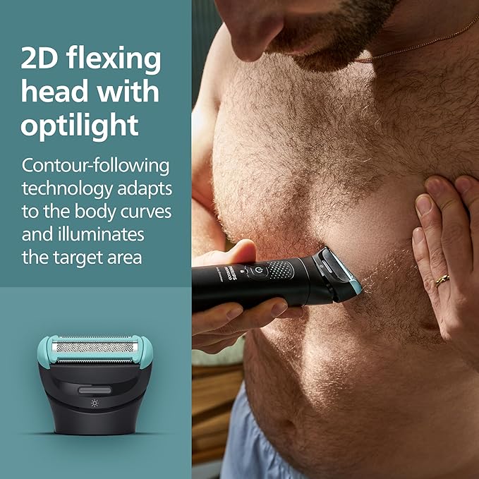 Philips Norelco Body Groomer 7000 Series, Men's Whole Body Groomer, Contour-Following 2D Flexing Head, Triple Protect Shave System & Intimate Body Hair Trimmer, 100% Showerproof, BG7480/50