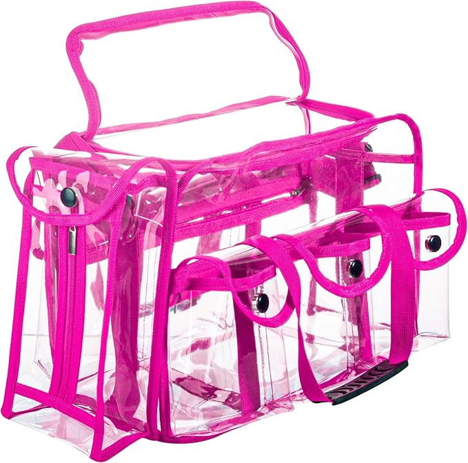 Wide Opening Large Professional Clear PVC Travel Makeup Artist Set Bag Cosmetic Nails Beauty Bags Transparent Vinyl Tool Organizer Beach Bags Diaper Bag with 6 External Pockets & Strap (Pink)