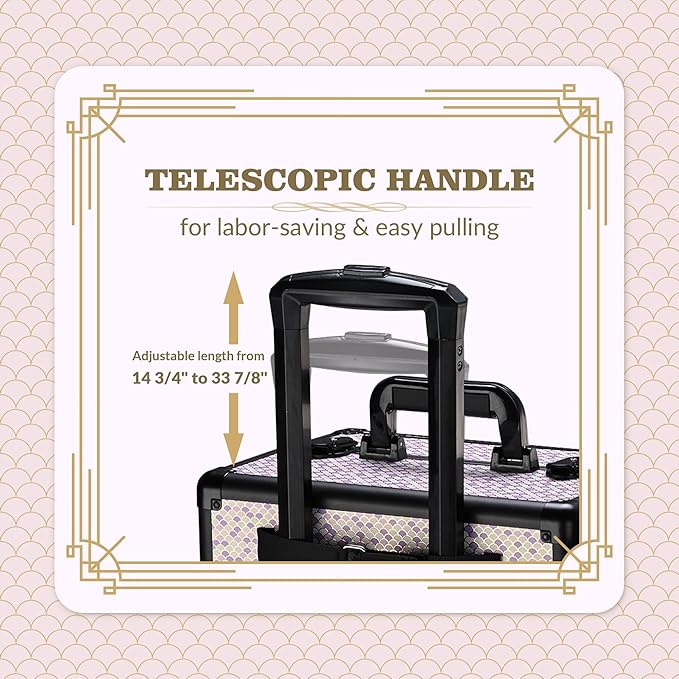 BYOOTIQUE Rolling Makeup Train Case on Wheels 3-Piece Hairdressing Brush Bags Cosmetology Art Deco Tyrian