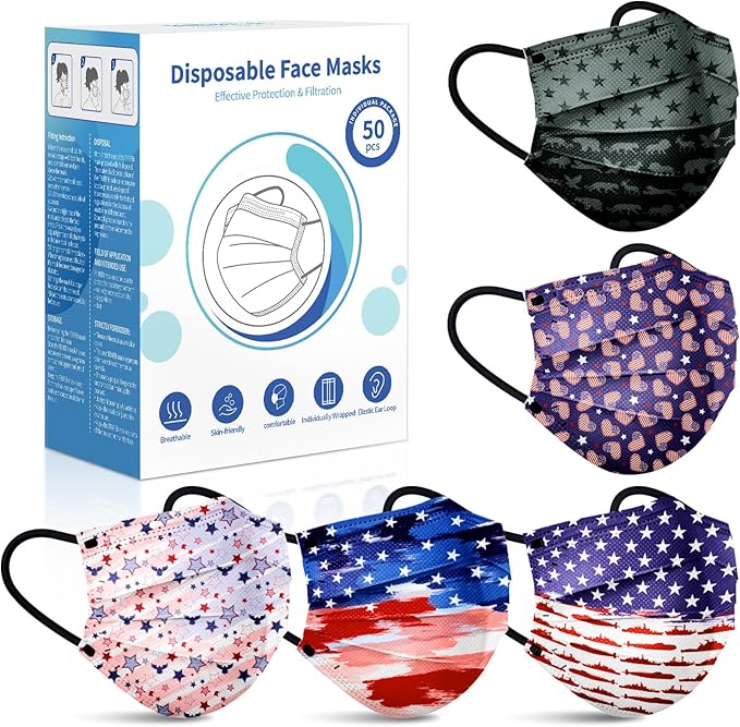 Disposable Face Mask for Adults - 4 Ply Protection, Individually Wrapped 50 Pack, 10 Colors, Breathable Comfortable & Safe