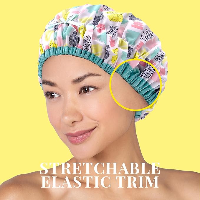 Reusable Shower & Bath Cap & Lined, Oversized Waterproof Shower Caps Large Designed for all Hair Lengths with PEVA Lining & Elastic Band Stretch Hem Hair Hat - Fashionista Living Color