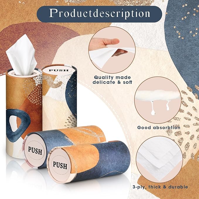 Outus 12 Pcs Boho Car Tissues Cylinder Holder with 3 Ply Facial Tissue Bulk Black White Round Tissue Holder Travel Tissues Boxes Container for Car Cup Wedding Birthday Party