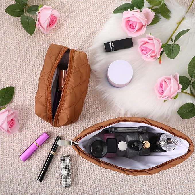 2 Pc Christmas Gift Makeup Bag Set Cute Quilted Cosmetic Pouch for Women Travel Toiletry Bag Preppy Small Makeup Purse Pouch Skincare Brushes Storage Organizer Pencil Case Set(Brown)